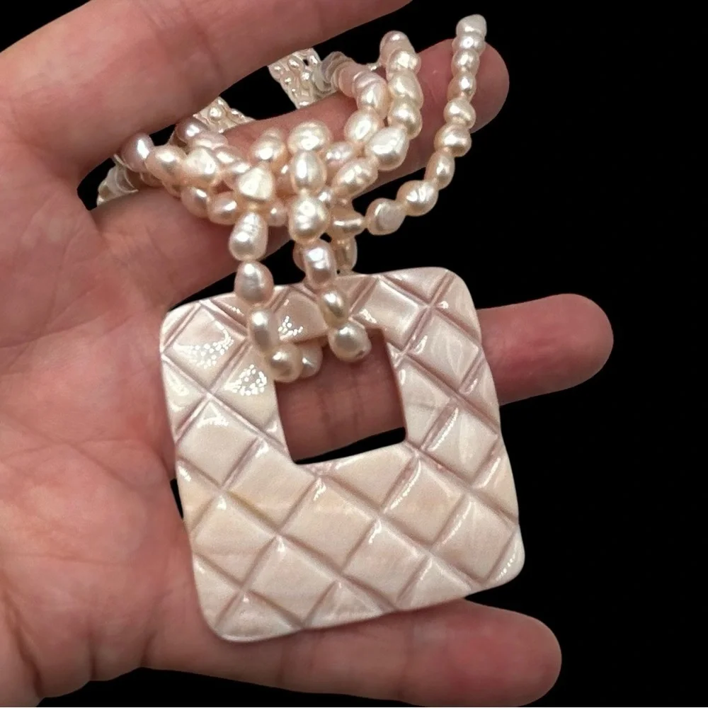 Triple Strand Pink Cultured Pearl Necklace Carved Shell Pendant